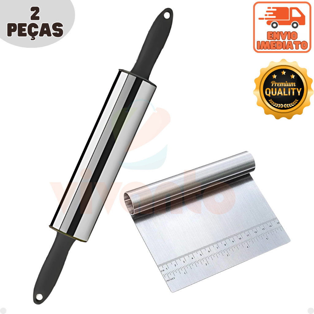 Kit Rolo Abrir Massas e Espátula Tubular Aço Inox com Medido