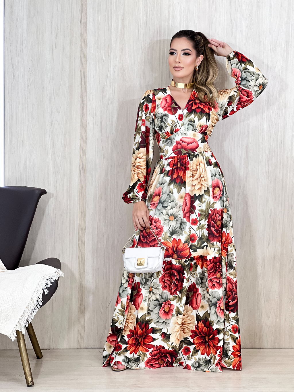 vestido manga longa feminino estampas floral | Shopee Brasil