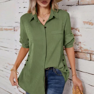 Blusa Casual Feminina de Manga Longa com Listras Comprida com Botões Frontais Sólida