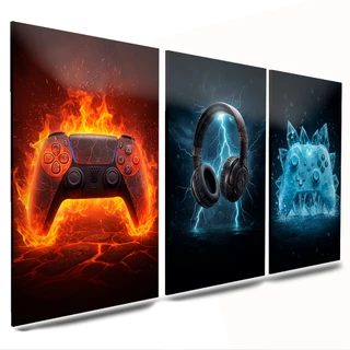 Quadros decorativos kit 3 peças grande gamer controle para quarto 4k mdf