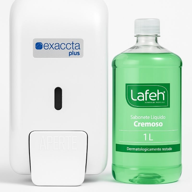 DISPENSER SABONETEIRA EXACCTA PLUS BRANCO + 1L SABONETE LIQ ERVA DOCE ...
