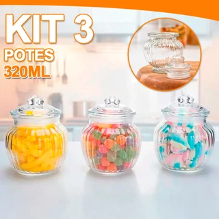 Kit 3x Potes De Vidro Hermético Com Tampa Para Alimentos Bomboniere Doces Massas 320ML