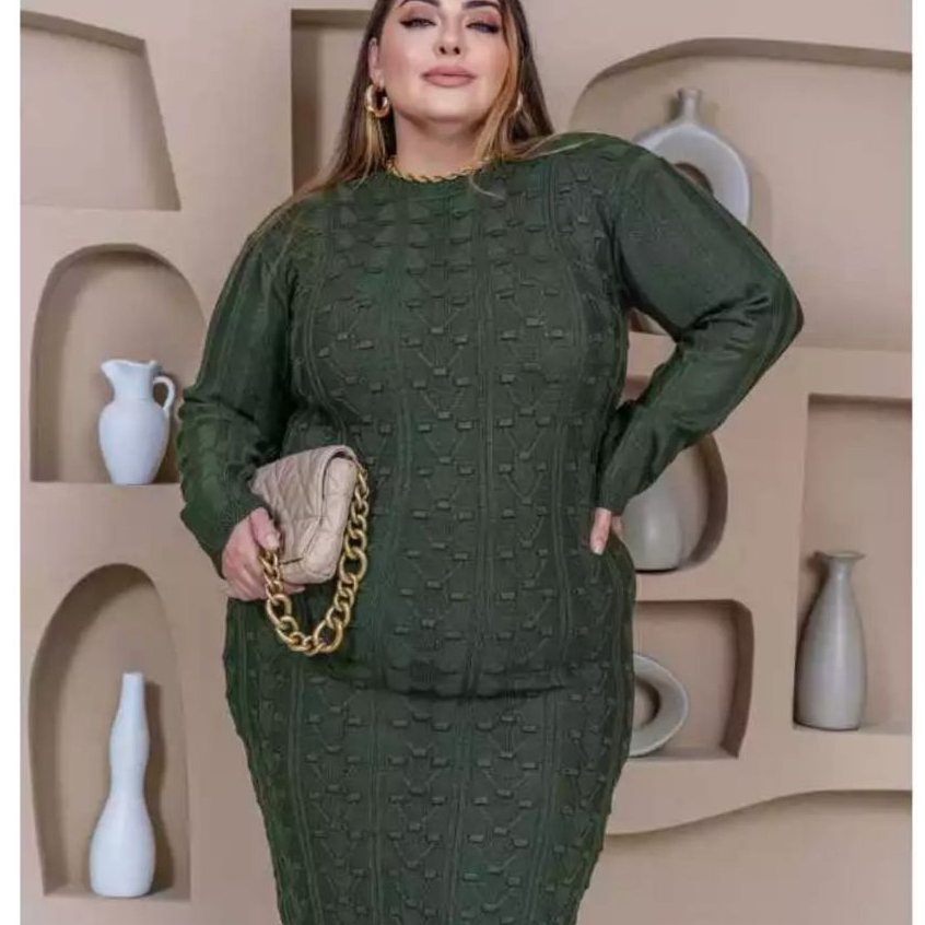 Vestido Feminino Plus Size Tricot Midi Manga Longa Frio Inverno ...