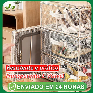 Com zíper Caixa de armazenamento empilhável para sapatos, caixa de armazenamento transparente multifuncional em concha