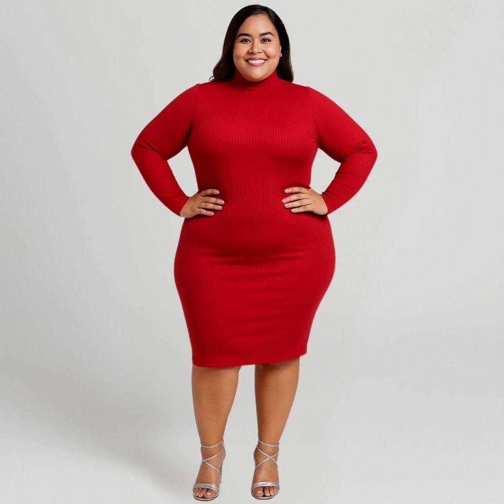 Vestido Manga Longa Gola Alta Plus Size Confortável Malha Canelada Moda ...