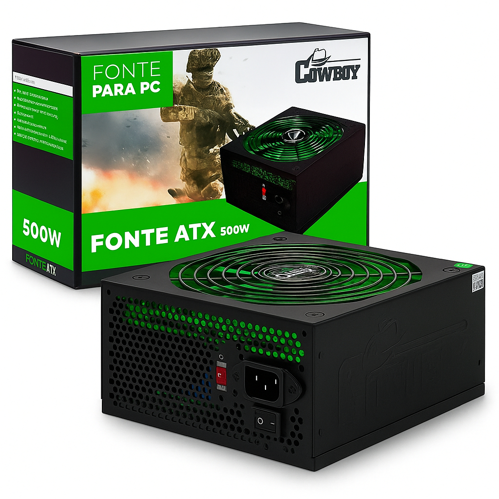 Fonte ATX 500W para PC Gamer Destaca imediatamente o público-alvo (PC Gamer) e o tipo de fonte ATX
