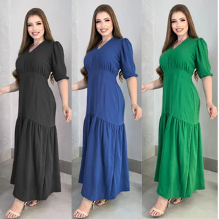 Vestido Feminino Longo Duna Liso Evangelico Manga Curta em Oferta na Shopee