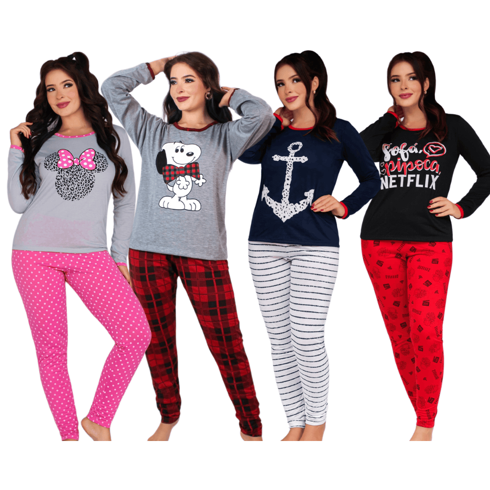 Kit 3 Pijamas Longo De Frio Feminino Longo Estampado Personagens Desenhos em Oferta na Shopee