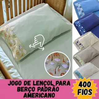 JOGO DE LENÇOL PARA BERÇO PADRÃO AMERICANO 400 FIOS LENÇOL E FRONHA MENINO em Oferta na Shopee