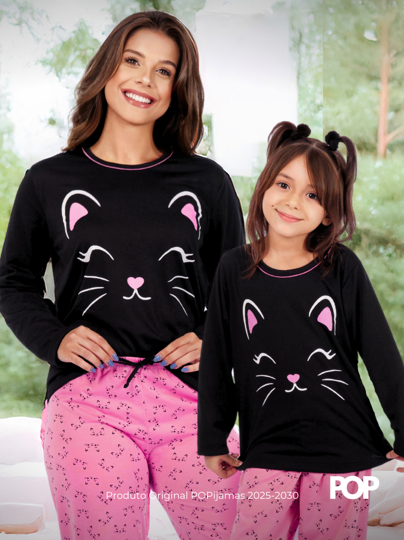 Kit Mãe e Filha Pijama Inverno Conjunto de Frio Feminino Gatinha Adulto e Infantil Master Confort