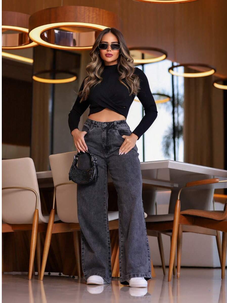Calça Jeans Feminina Wideleg Pantalona empina bumbum Grafite