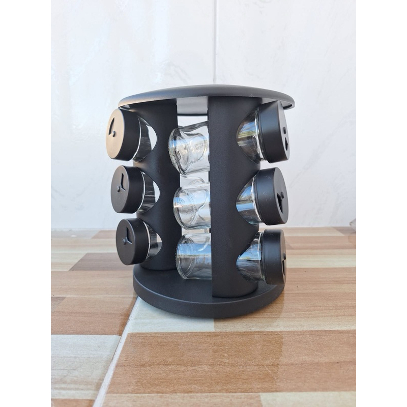 Porta Temperos Giratório Home Land – Preto - 9 Potes de Vidro 85 ml + Suporte 360° (19 × 17 cm)