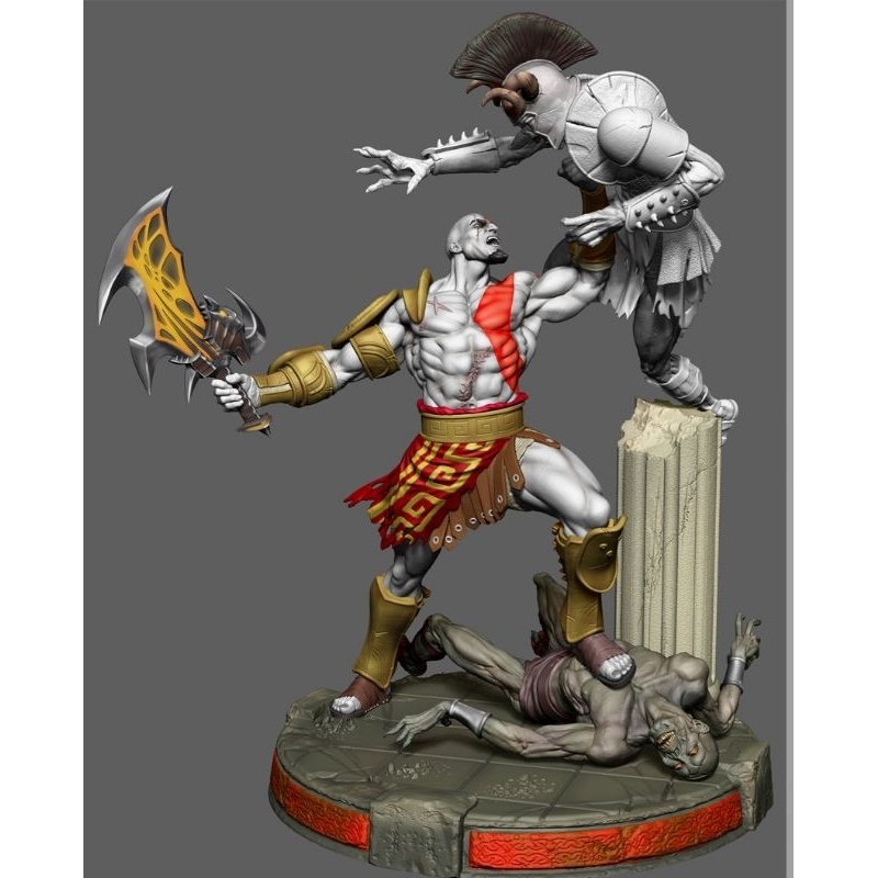 Diorama Kratos god of war em resina com encaixes magnéticos. acompanha diversas armas
