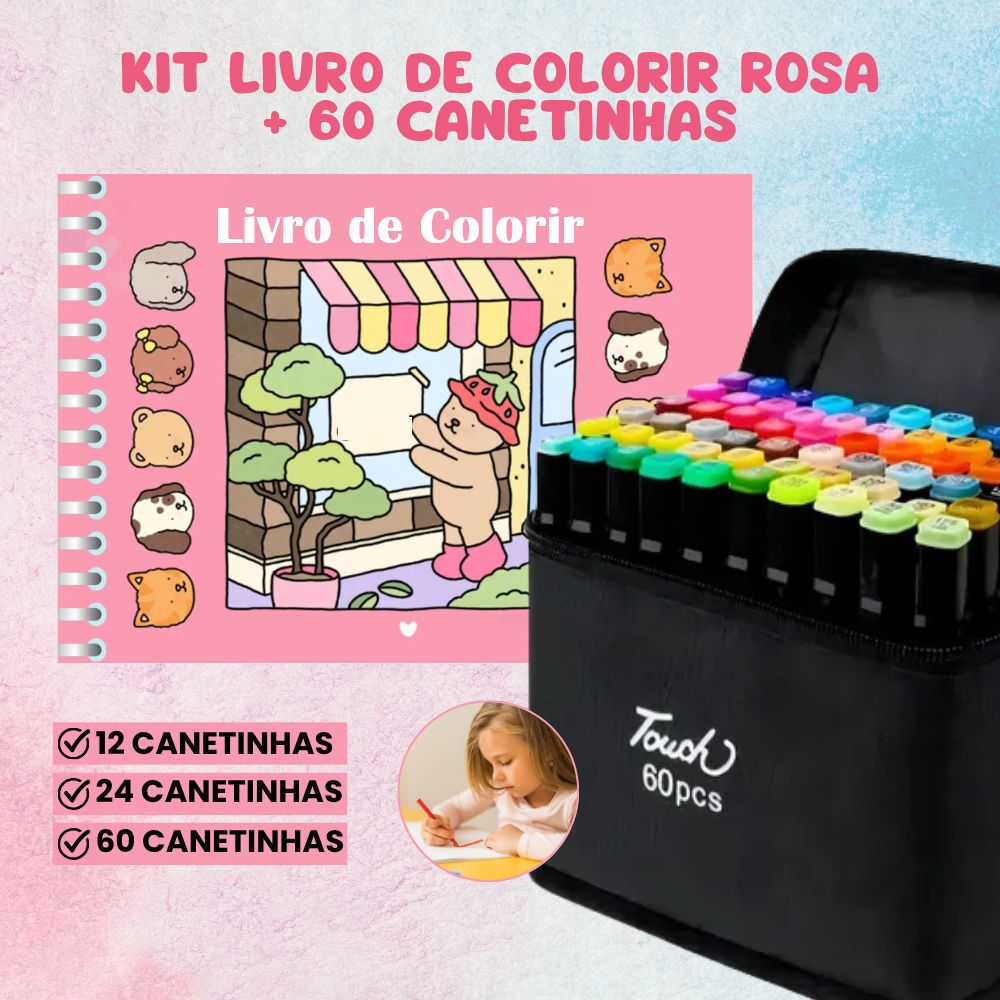 Kit Livro de Colorir + Canetinhas Ponta Dupla 50 FOLHAS Capa Dura ...