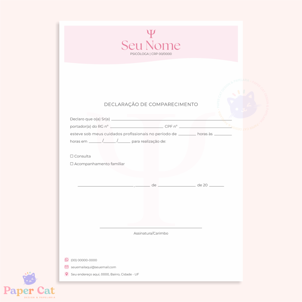 Bloco Declaração de Comparecimento Psicologia Personalizado | Tamanho A5 (21x15cm)