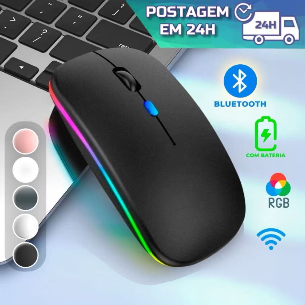 Mouse Sem Fio Wireless Recarregavel Led Rgb 2,4GHz Bluetooth Bateria ...