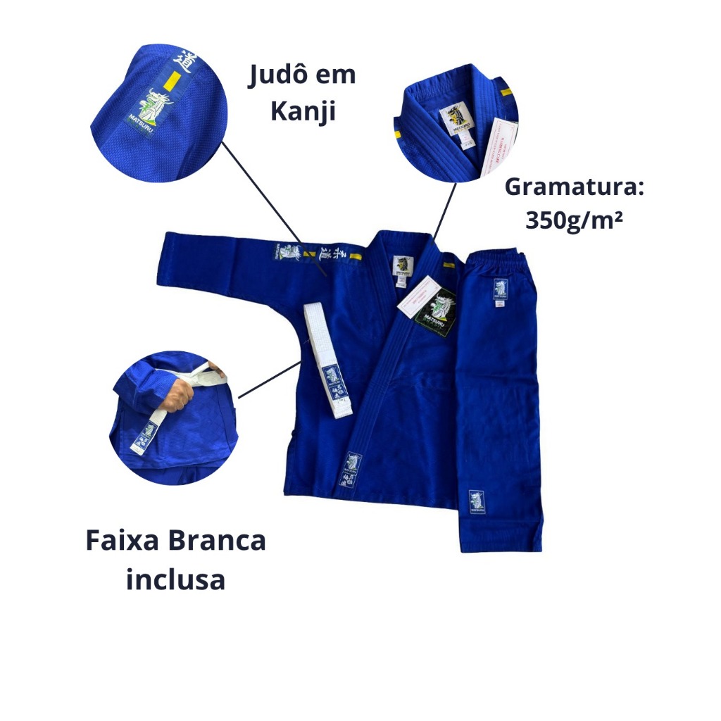 Kimono Adulto Judô Judogi Azul Matsuru 350g/m² com Faixa Branca
