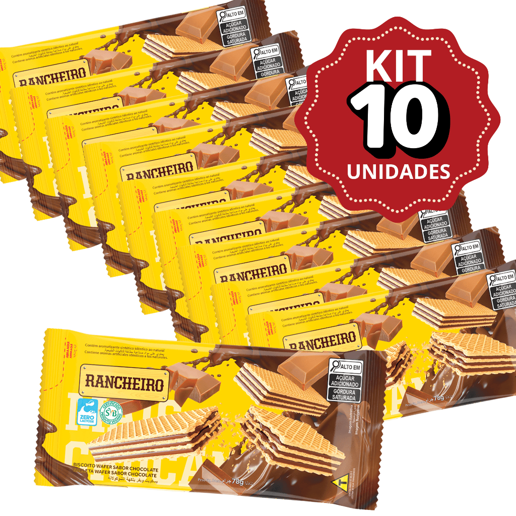 KIT 10 Und. Biscoito Wafer Rancheiro Sabor Chocolate 78G Vegano Zero ...