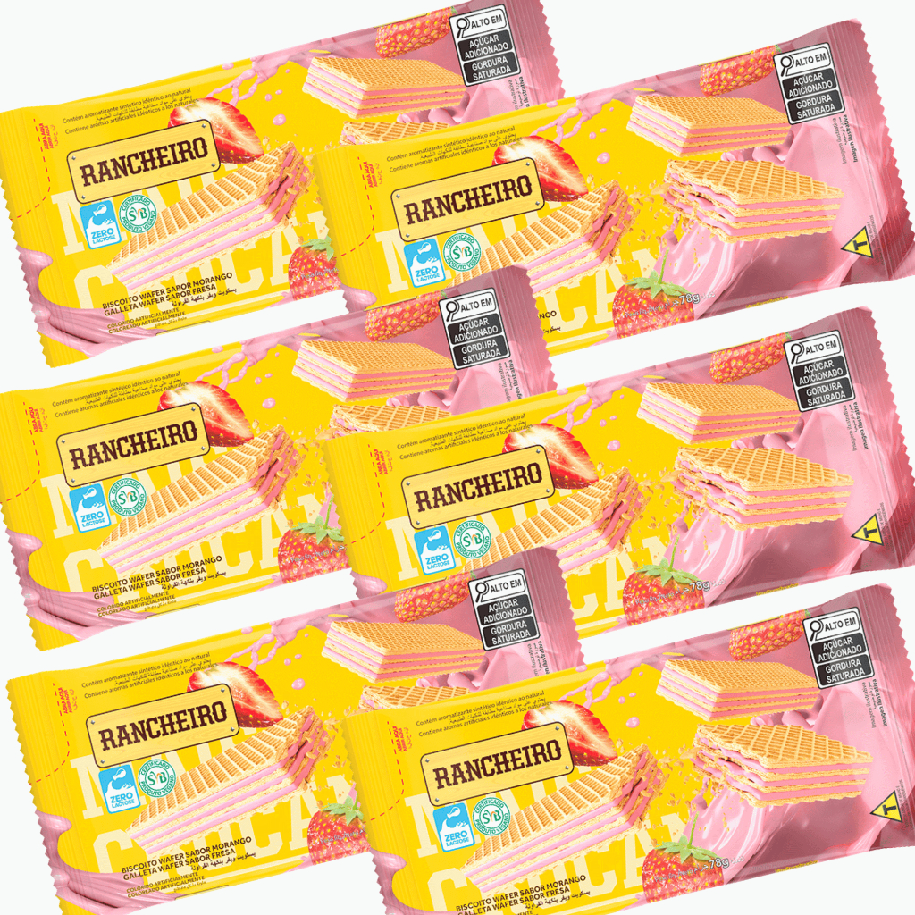KIT 06 Und. Biscoito Wafer Rancheiro Sabor Morango 78G Vegano Zero ...