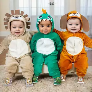 Macacão de Bebê Dino Plush Com Capuz + Pantufa Dinossauro leão Vaquinha Cachorrinho