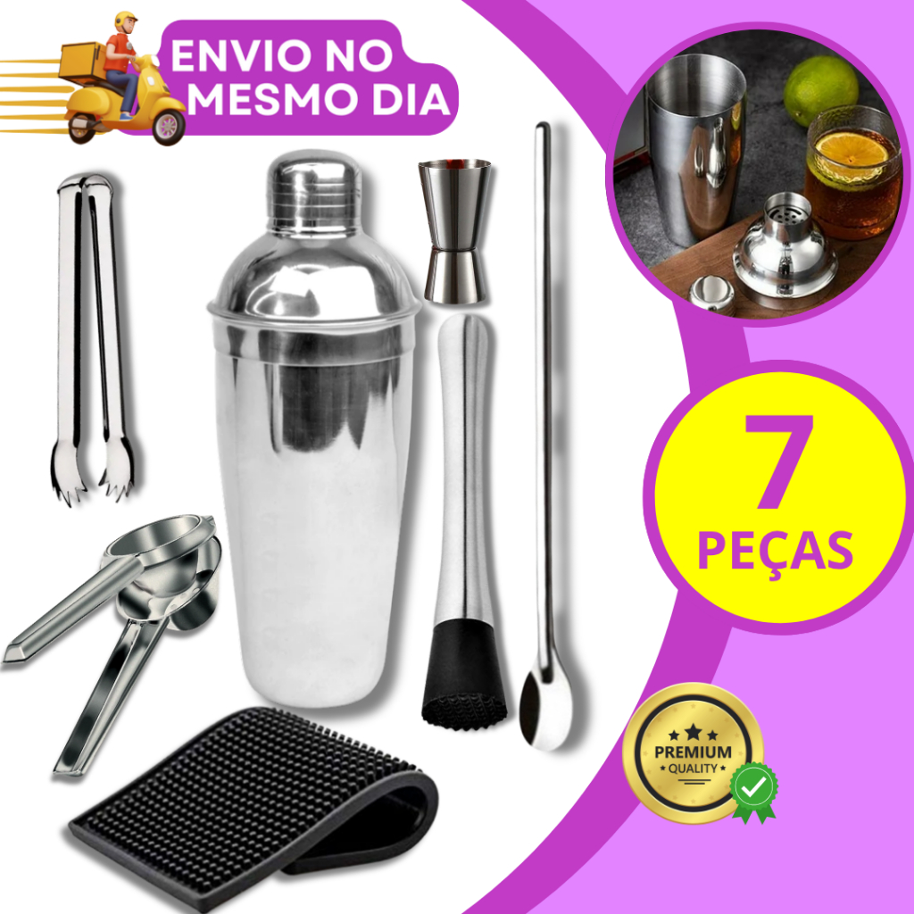 KIT Barman 07 Peças em Inox Coqueteleira 750ml Dosador Socador ...