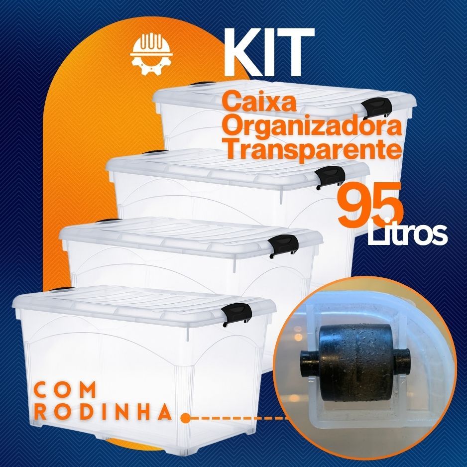 Kit Container Transparente Rodinhas 95 Litros Caixa Organizadora Grande