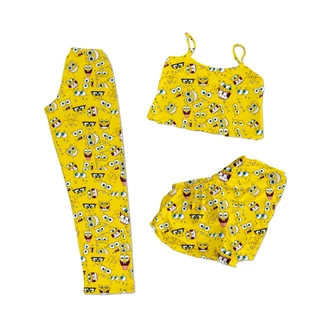CONJUNTO PIJAMA 3 PEÇAS CALÇA SHORTS E CROPPED PERSONAGENS AMARELO em Oferta na Shopee