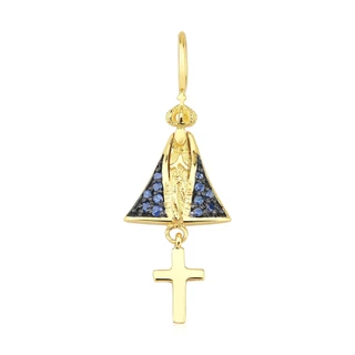 Pingente de Nossa Senhora Aparecida com Manto Azul em Safira - Ouro 18k - 750 em Oferta na Shopee