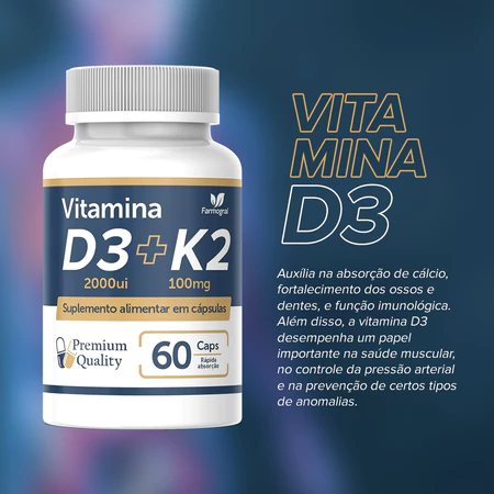 Vitamina D3 2000ui com Vitamina K2 MK7 60 cápsulas Envio Imediato