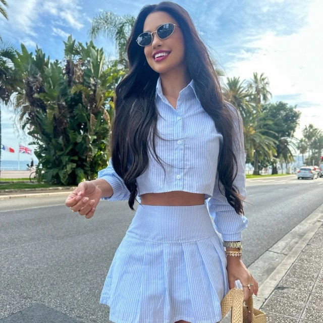 Conjunto Feminino Short Saia Plissada Camisa Cropped Assimétrico