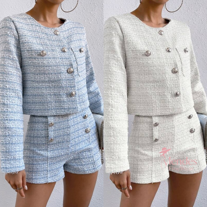 Conjunto Tweed Cropped com Shorts Alfaiataria Sofisticação Moda