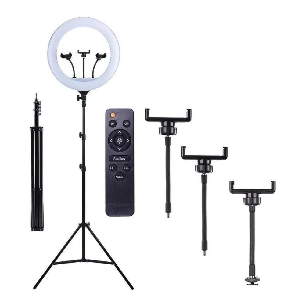 Ring Light 18" Profissional com Tripé 2,10m + 3 Suportes Celular e Controle