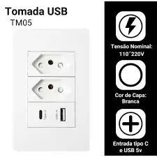 Tomada de Parede Dupla Com Entrada Usb e tipo C 5V Bivolt 4/1 Carregamento Rápido Multi Carregamento