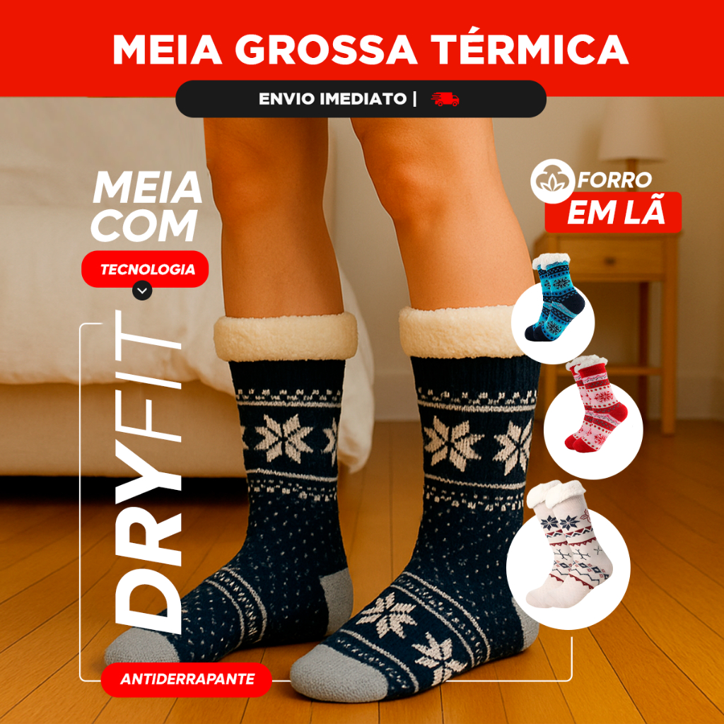 Meia Masculina Feminina Térmica Adulto Com Forro de Lã Grossa Inverno Pelinho Cano Alto