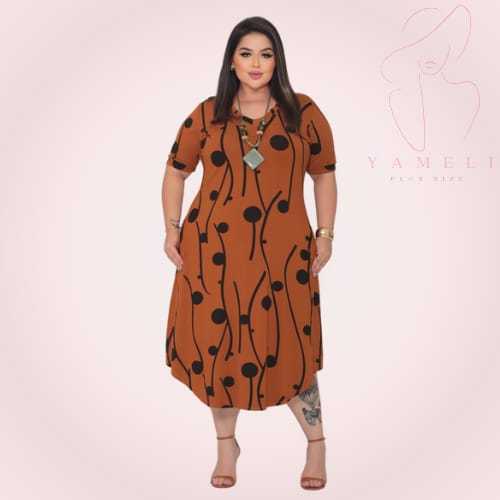 Vestido Feminino Plus Size Moda Cristã Evangélica Gola V Cor Marrom Caramelo