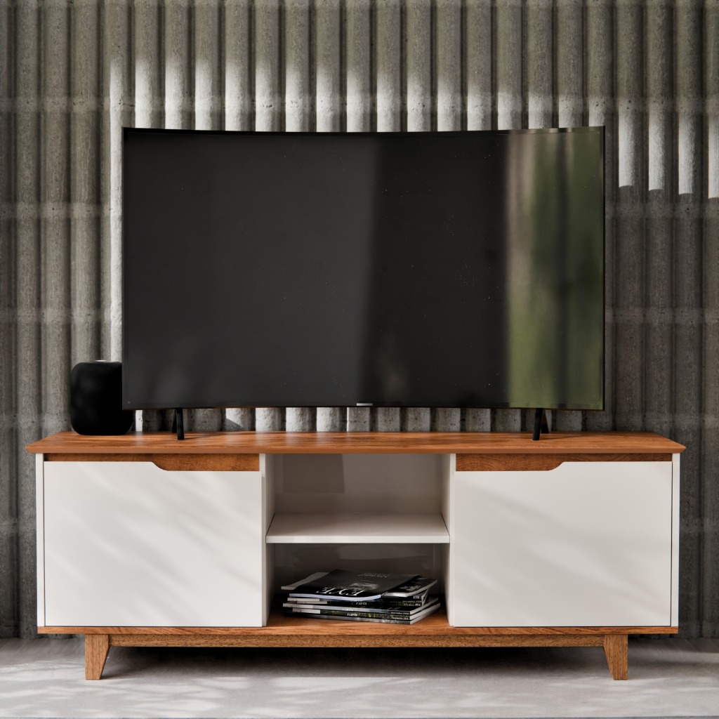 Rack TV 60” Polegadas Estilo Retrô com Pés Em madeira Nichos e Portas ...