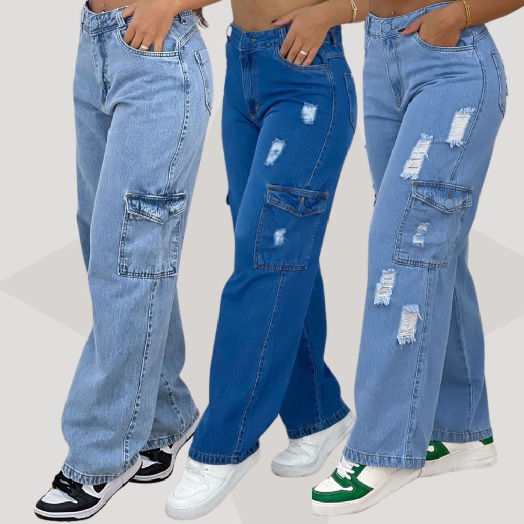 Calça Cargo Jeans Feminina Folgada Com Bolsos Rasgos (Premium) Na Moda