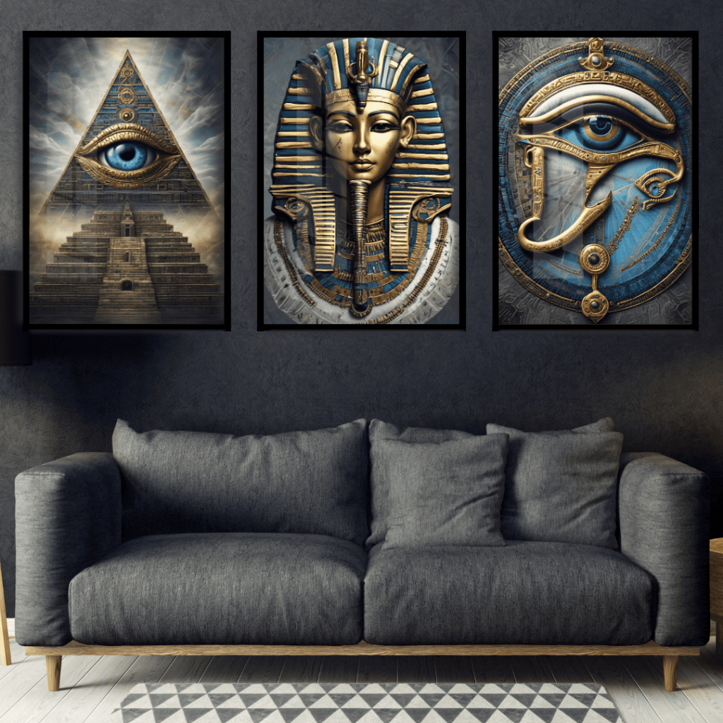 Quadros Decorativos 3 Peças Grande Egito Piramide Olho de Horus e Faraó