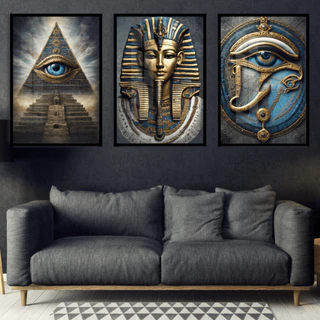 Quadros Decorativos 3 Peças Grande Egito Piramide Olho de Horus e Faraó