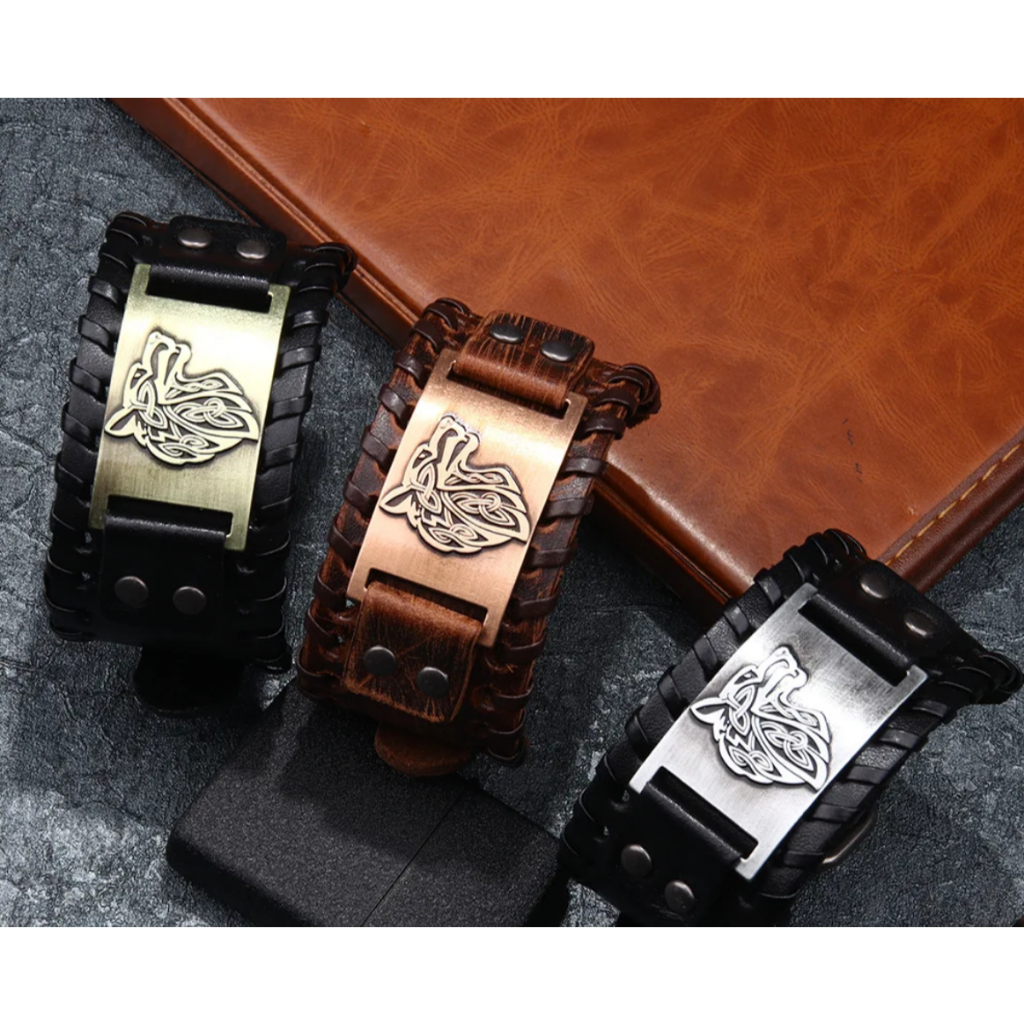 Linda Pulseira Couro Legítimo Bracelete Johnny Depp Viking Lobo