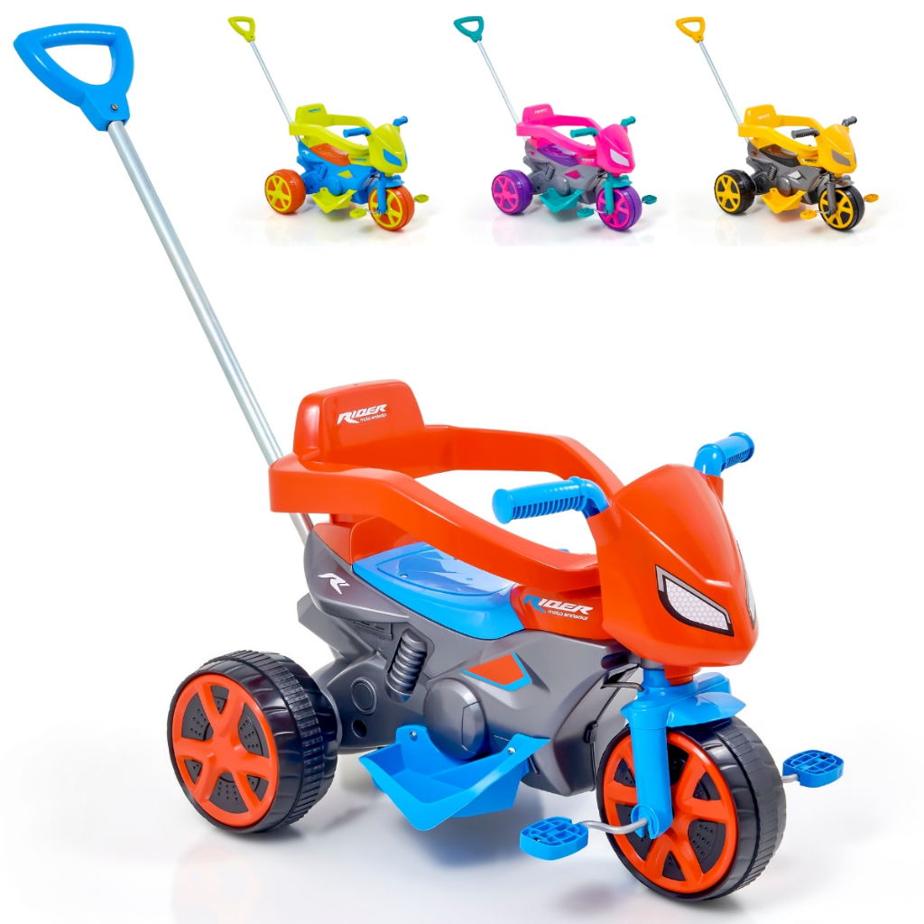 Triciclo Infantil com Haste e Pedal Moto Andador Passeio Motoca Rider Usual Rosa Amarela Vermelha