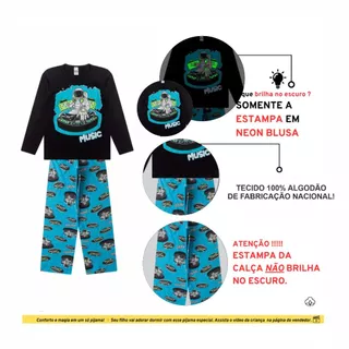 Pijama BRILHA NO ESCURO Manga Longa Frio Menino Sortido Conjunto Juvenil 100% Algodão em Oferta na Shopee