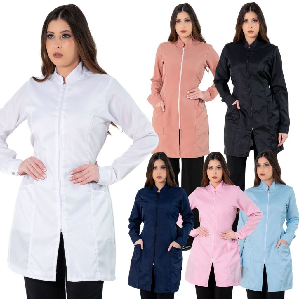 Jaleco Feminino Acinturado Básico Gola Padre Oxford Manga Longa Com Zíper