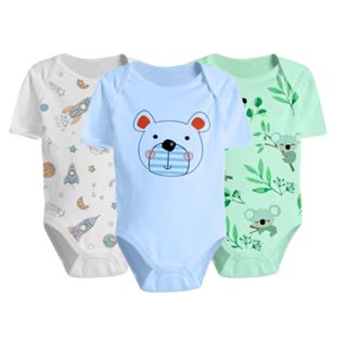 Kit Bebê 3 Peças Body Curto Liso ou Estampado 100% Algodão em Oferta na Shopee