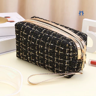Estojo Necessaire Bolsa de Maquiagem Tweed com Alça – Compacta e Versátil Para Viagem ou Dia a Dia