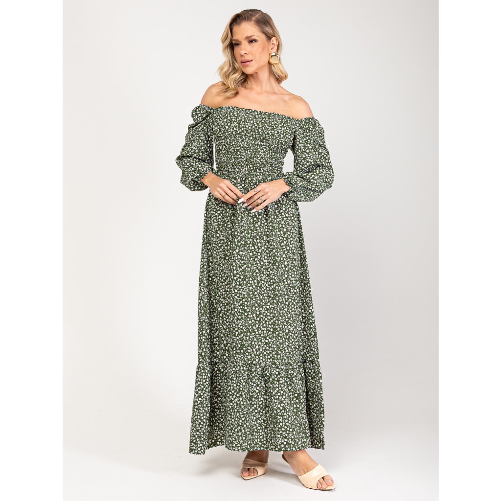 Vestido longo ciganinha manga longa bufante cod;2080 | Shopee Brasil