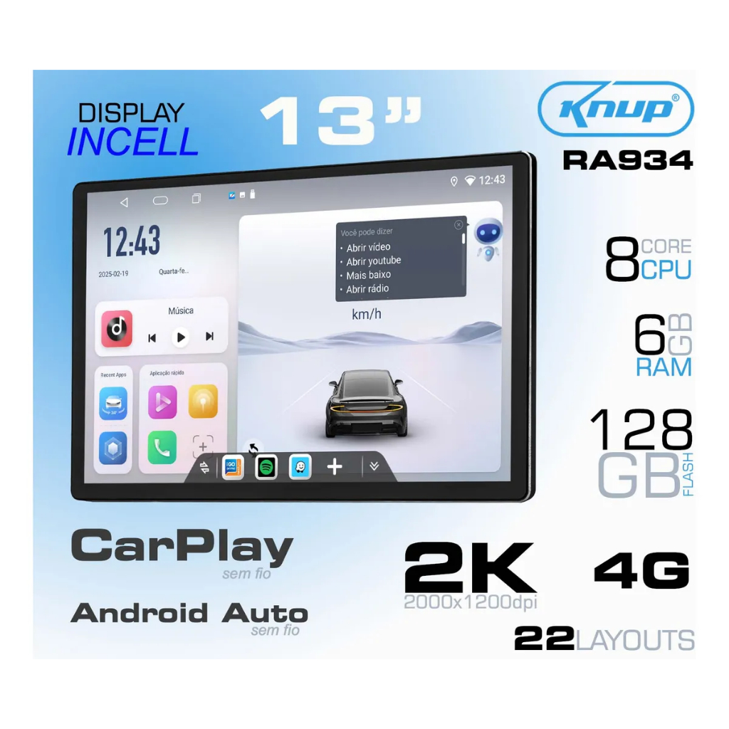 Multimídia Android 14 13" Octa-Core 6GB RAM 128GB 2K Tela IPS + CarPlay + Android Auto + GPS