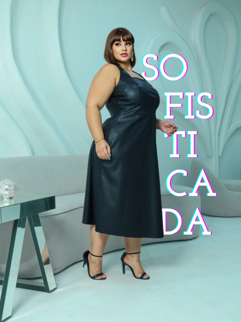Vestido Preto Moda Plus Size Midi Curvy Couro Ecológico Premium