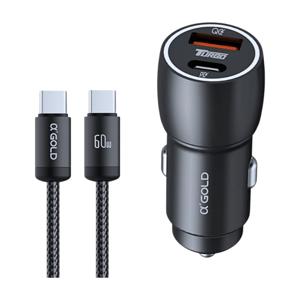 Carregador Veicular Turbo 60W USB + TIPO C Para Android e IOS Carregamento Rápido A’GOLD