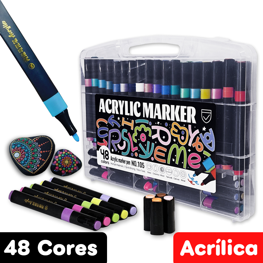 24/36/48 Canetas com Tinta Acrílica Com Cores Vibrantes - Pintam Pedras, Cerâmica, Vidro, Metal, Tecido - Sobreposição